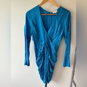 Ronny Kobo Collection Teal Ruched V-Neck Long Sleeve Dress